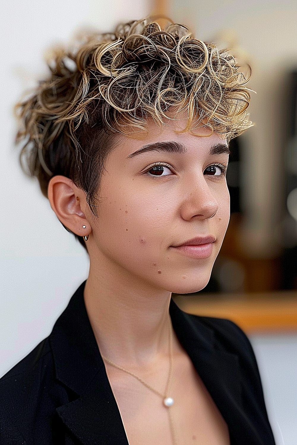 Short curly pixie cut with highlights