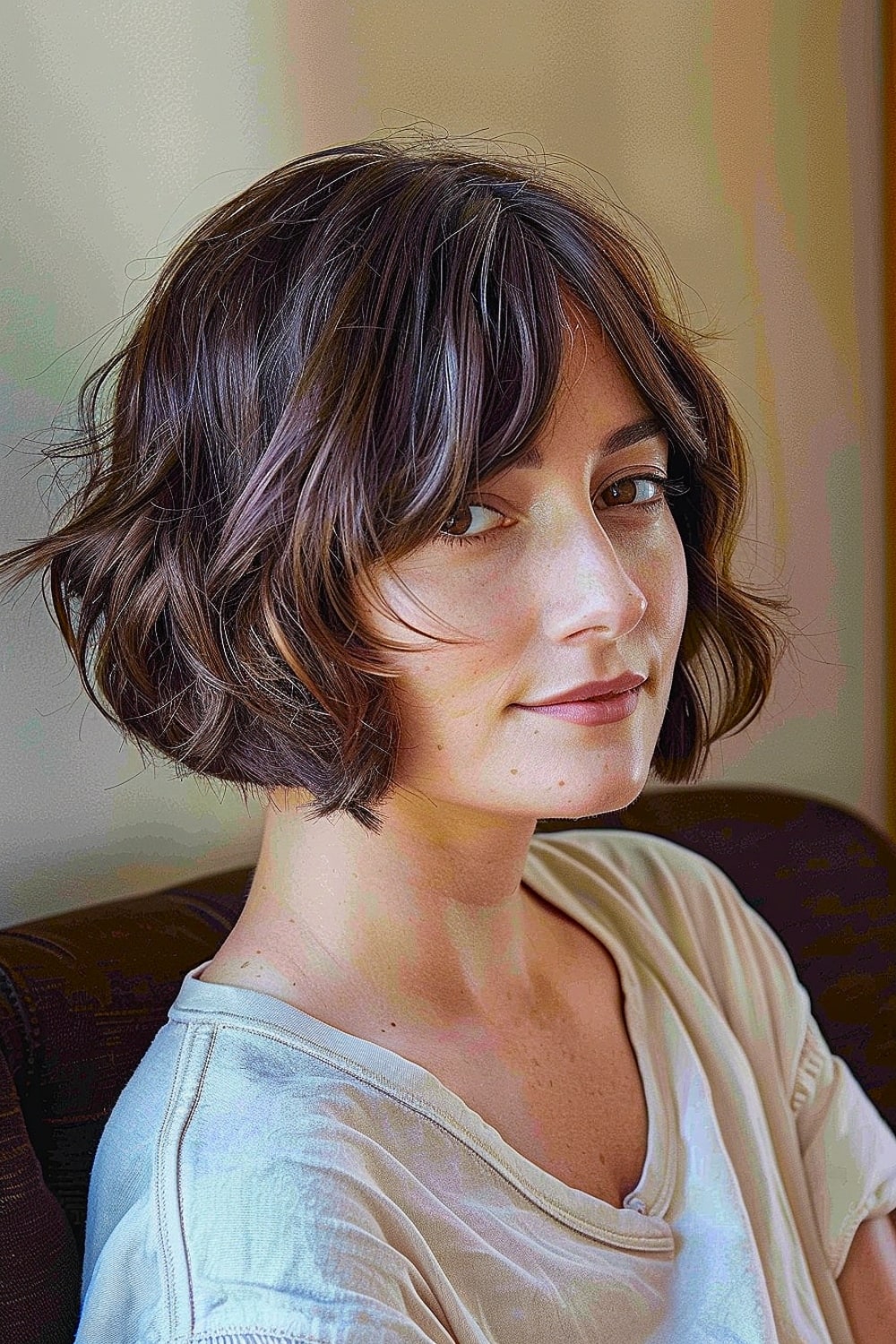 Woman with a textured French bob and curtain bangs styled for thick hair