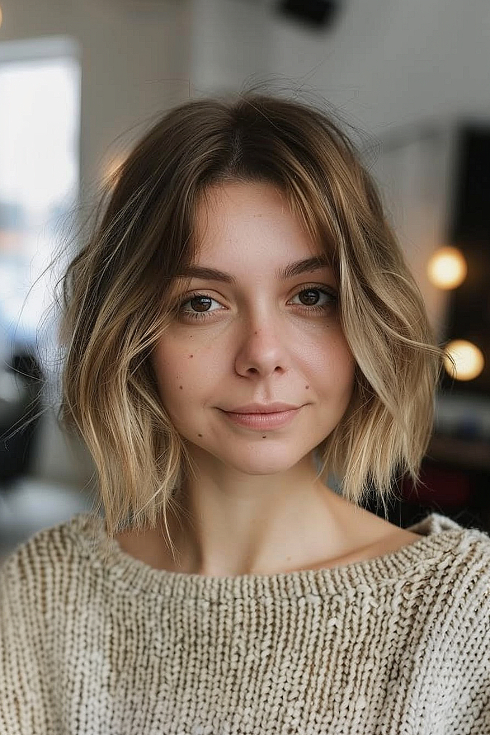 Woman with a textured layered bob for fine hair