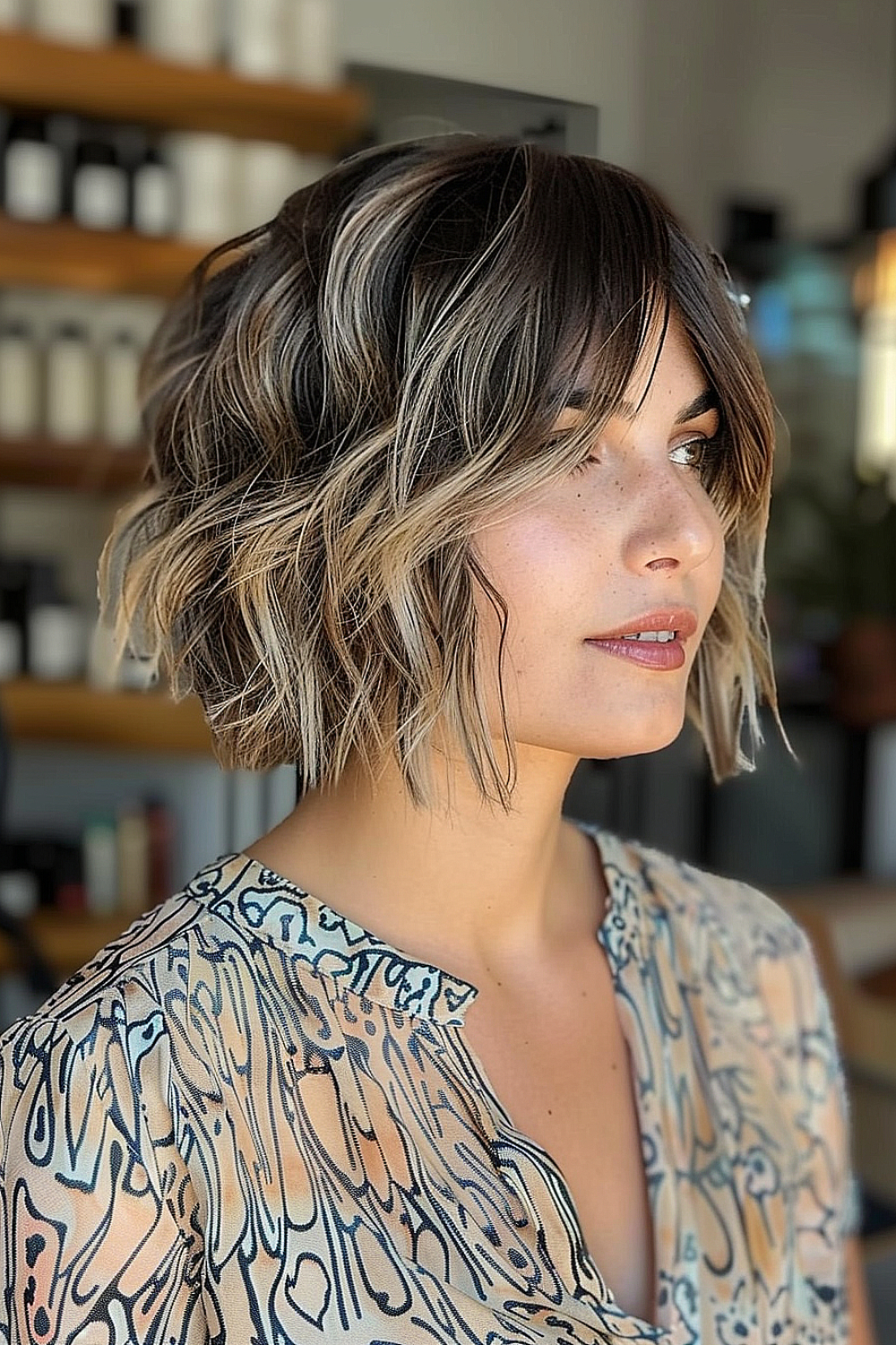 Side view of a woman with a textured layered bob and soft waves