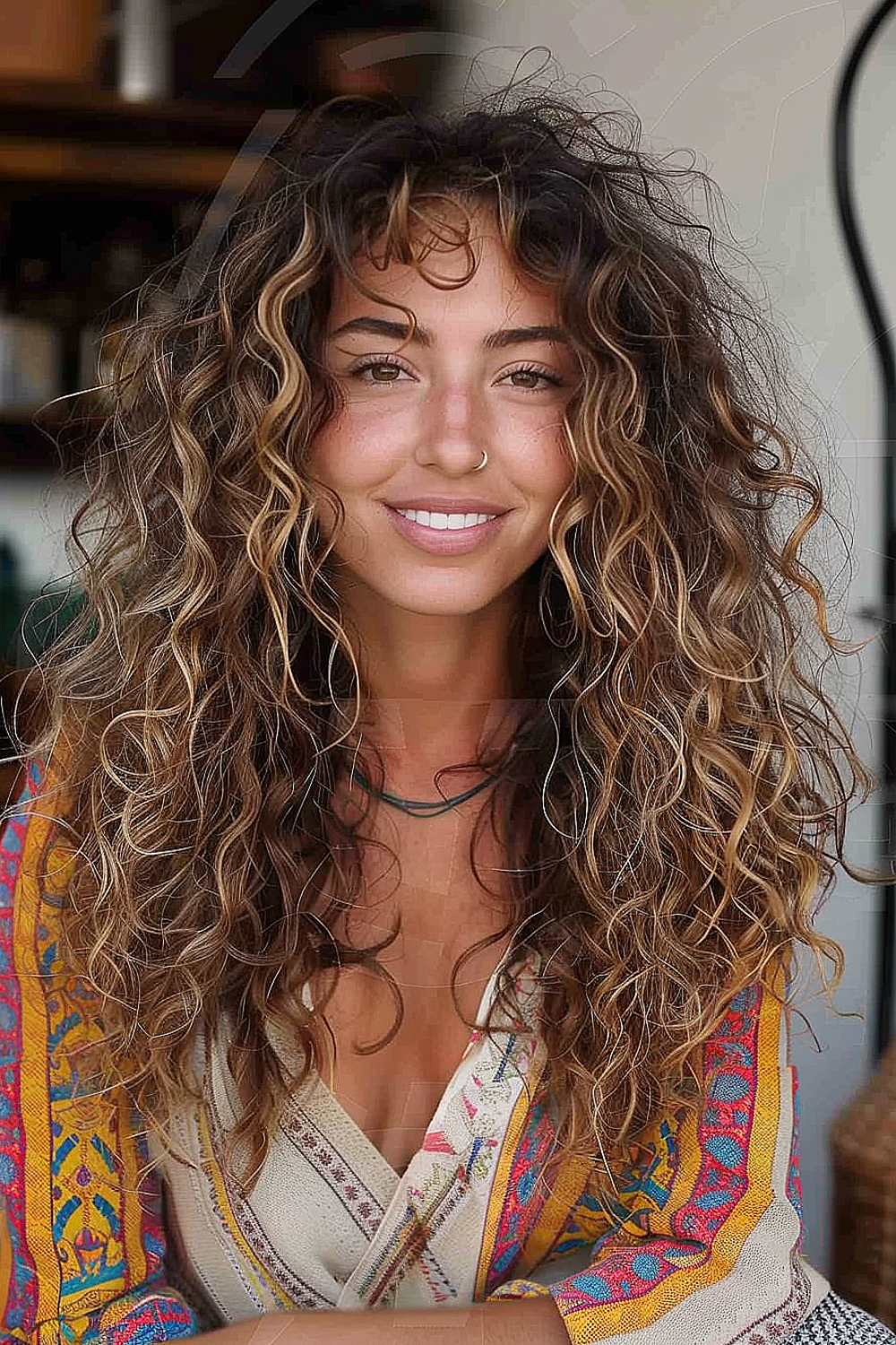 A woman with long, naturally curly hair and textured layers highlighted with warm tones