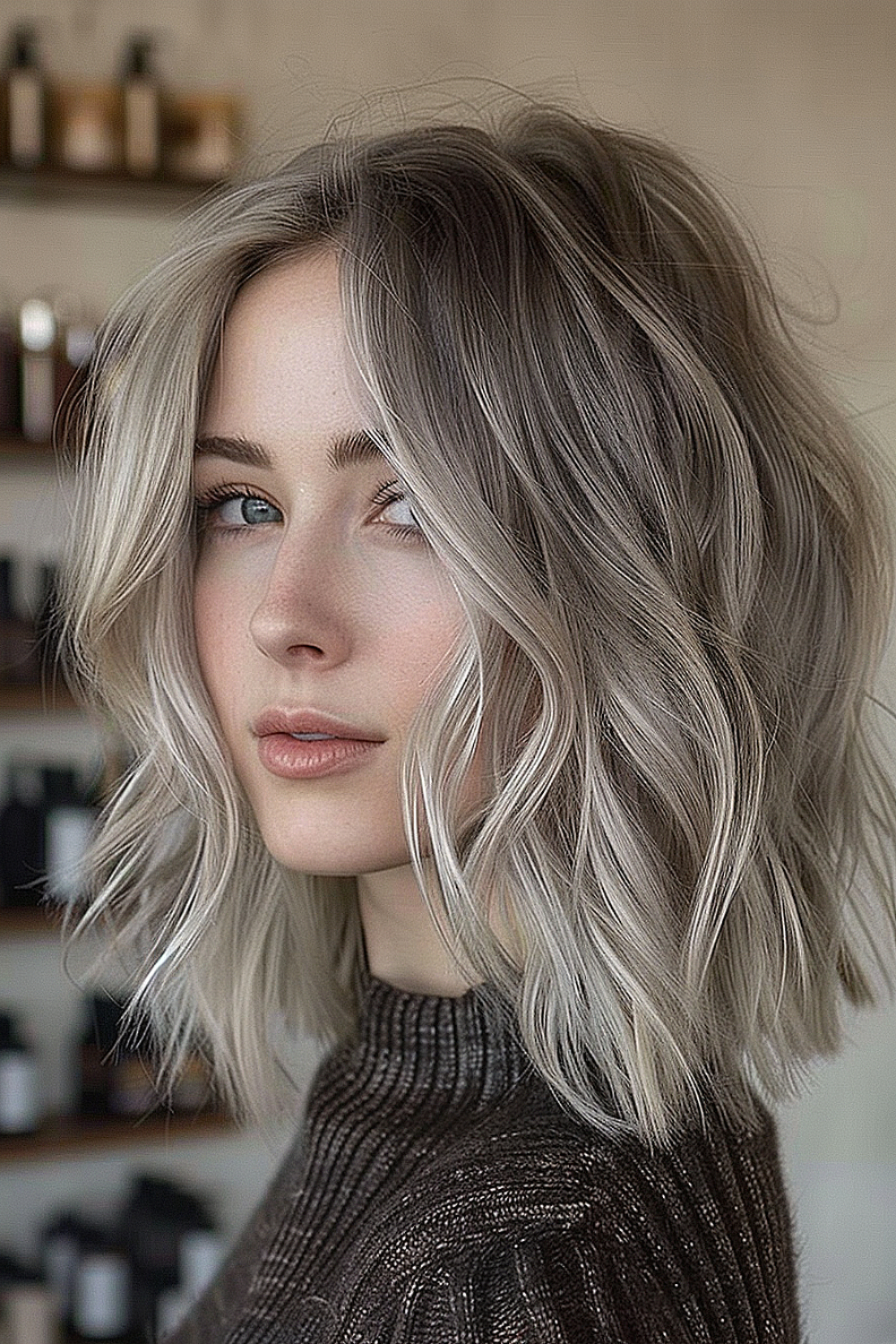 A textured lob with cool ash blonde tones providing a sophisticated and modern hairstyle