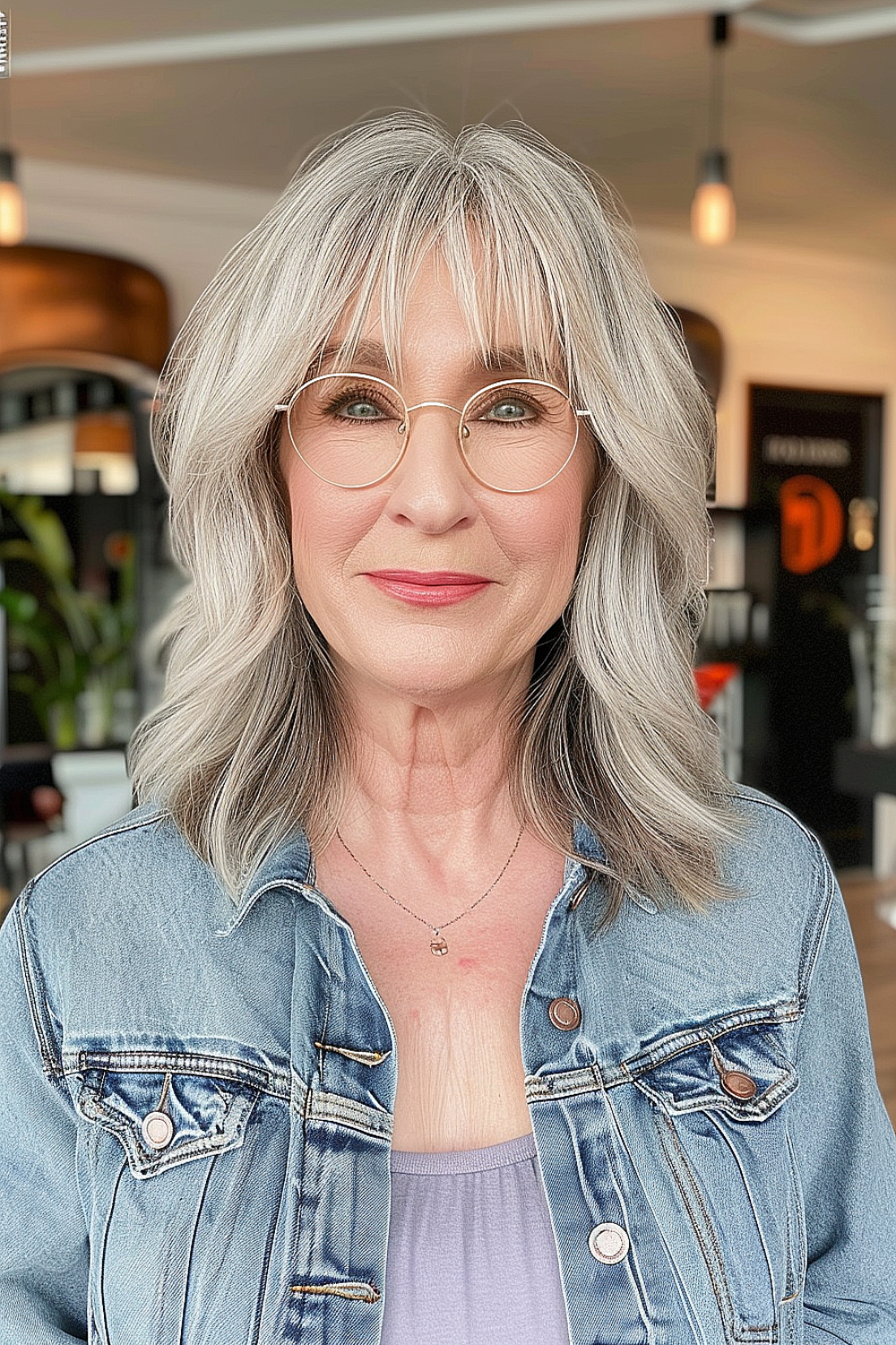 A woman with a textured lob hairstyle and curtain bangs