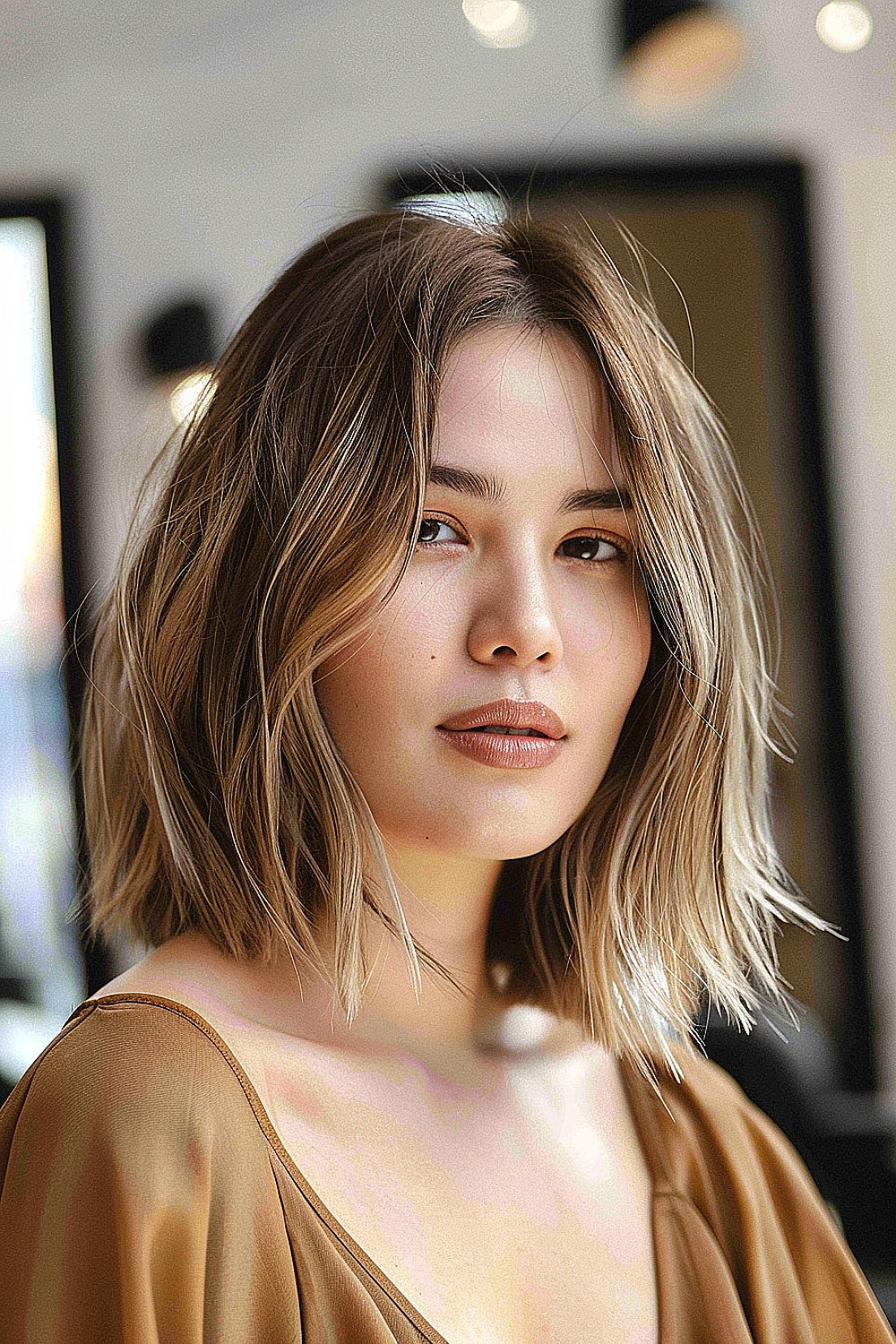 Woman with a textured lob and soft highlights