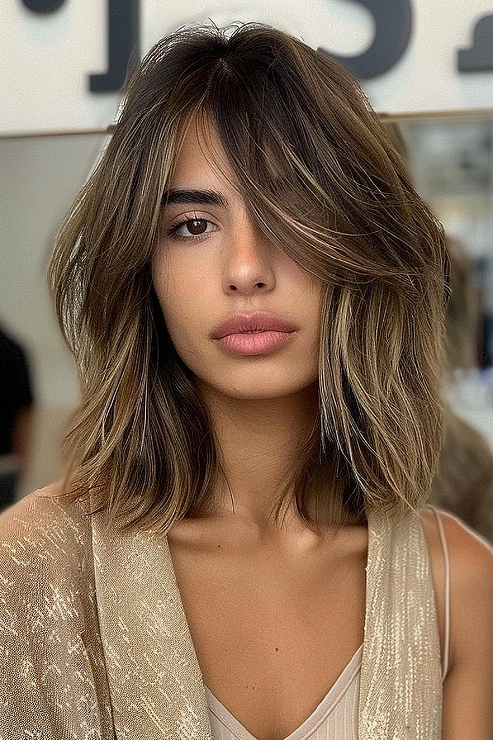 A woman with a textured long bob and side-swept bangs, showcasing choppy layers and balayage tones