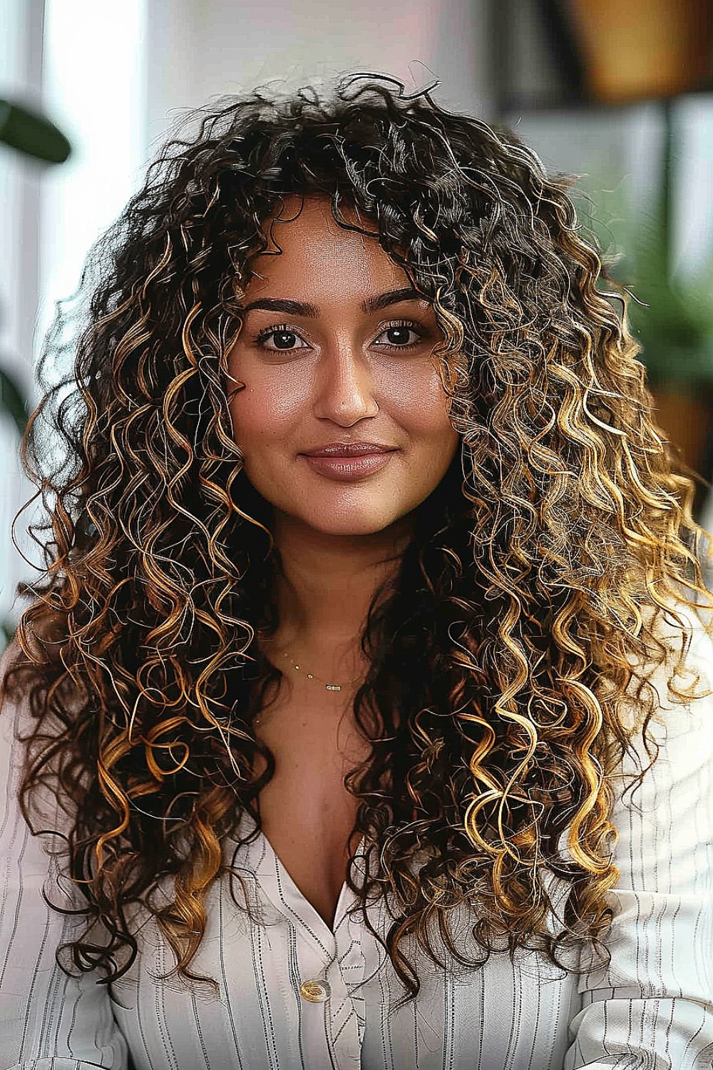 Textured long curls with golden highlights for a natural look