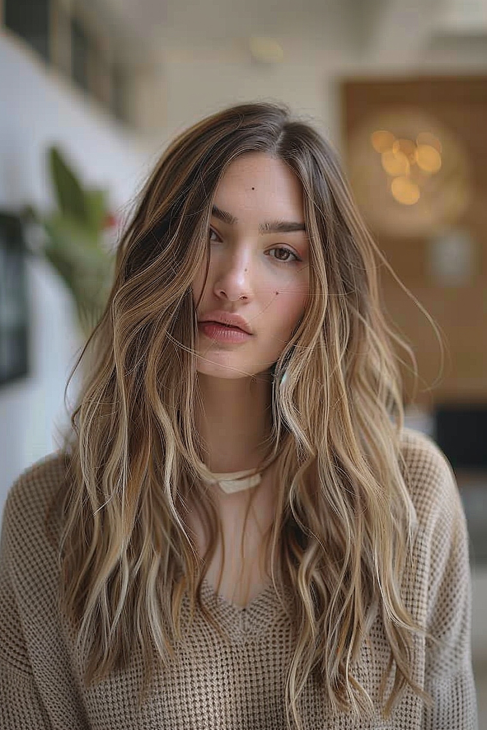 Long fine hair with textured waves and natural highlights