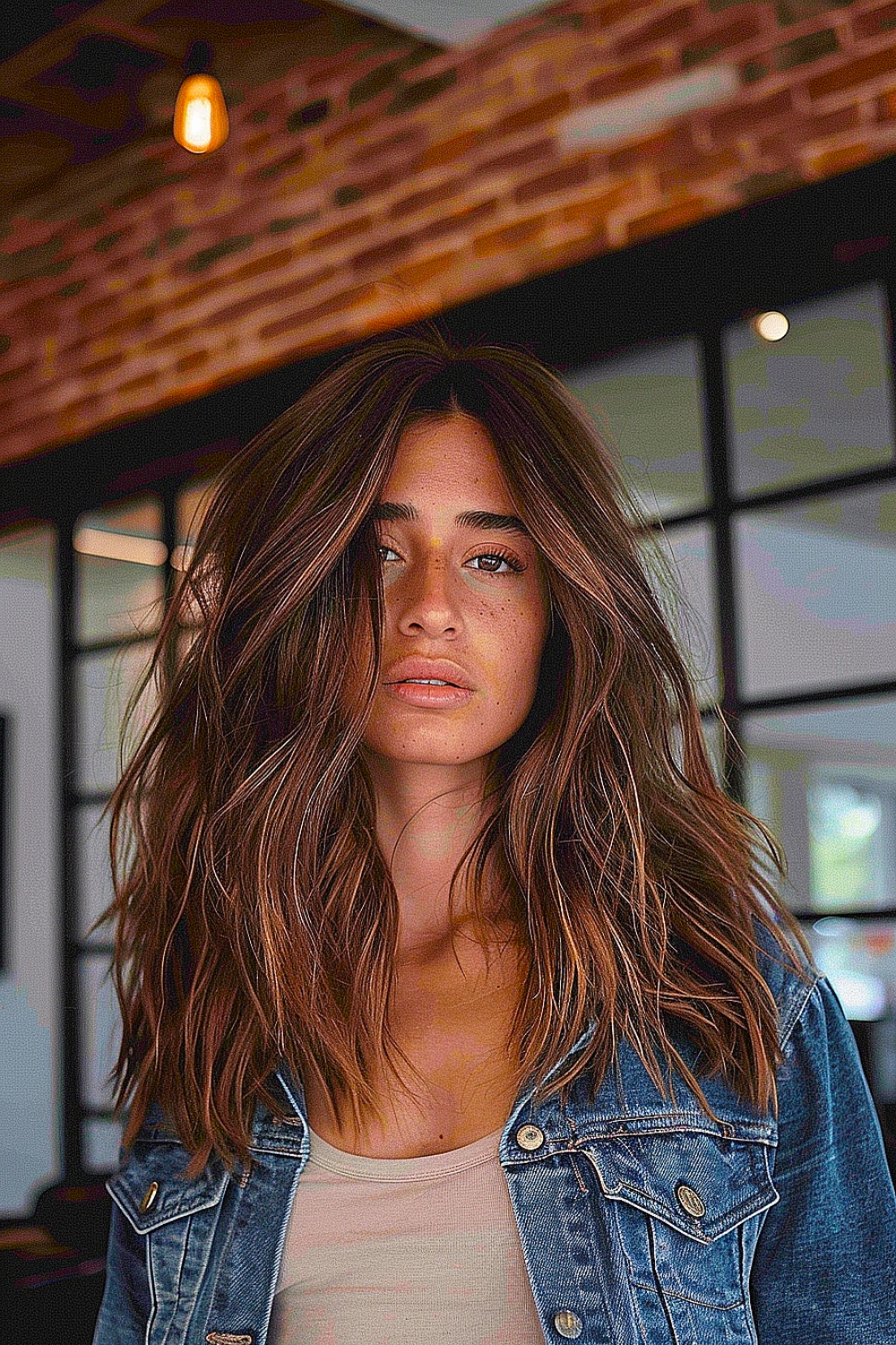 Woman with a textured medium shag haircut for thick hair