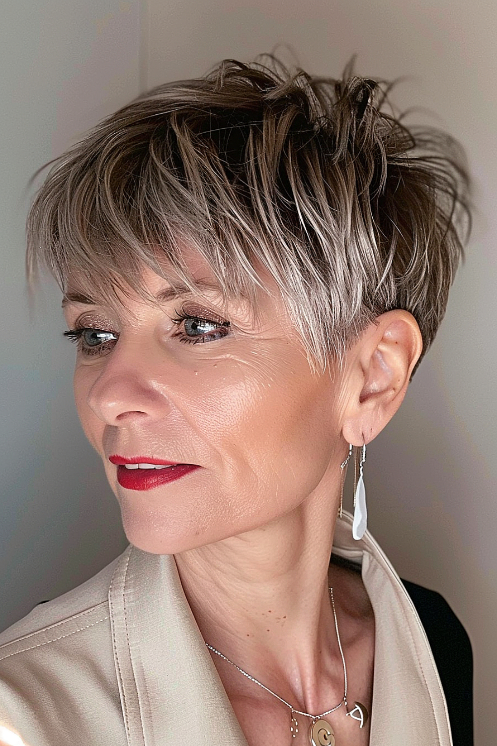 Woman with a dynamic textured pixie cut and short bangs in ash and platinum blonde shades