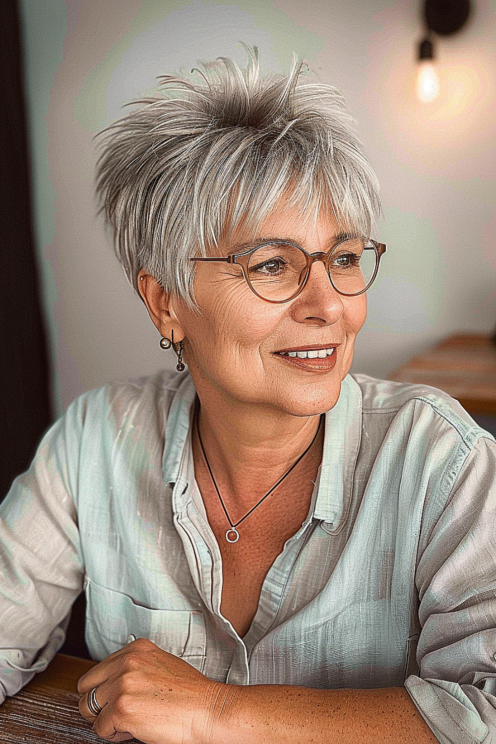 A woman with a stylish, textured pixie haircut in a light and airy style