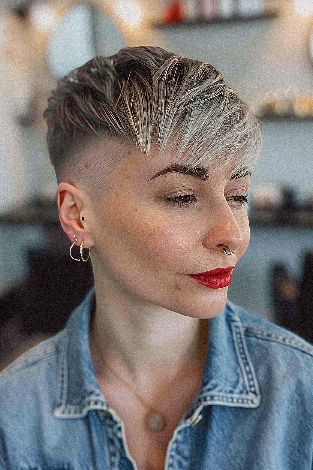 Textured pixie cut with a striking undercut and light blonde color