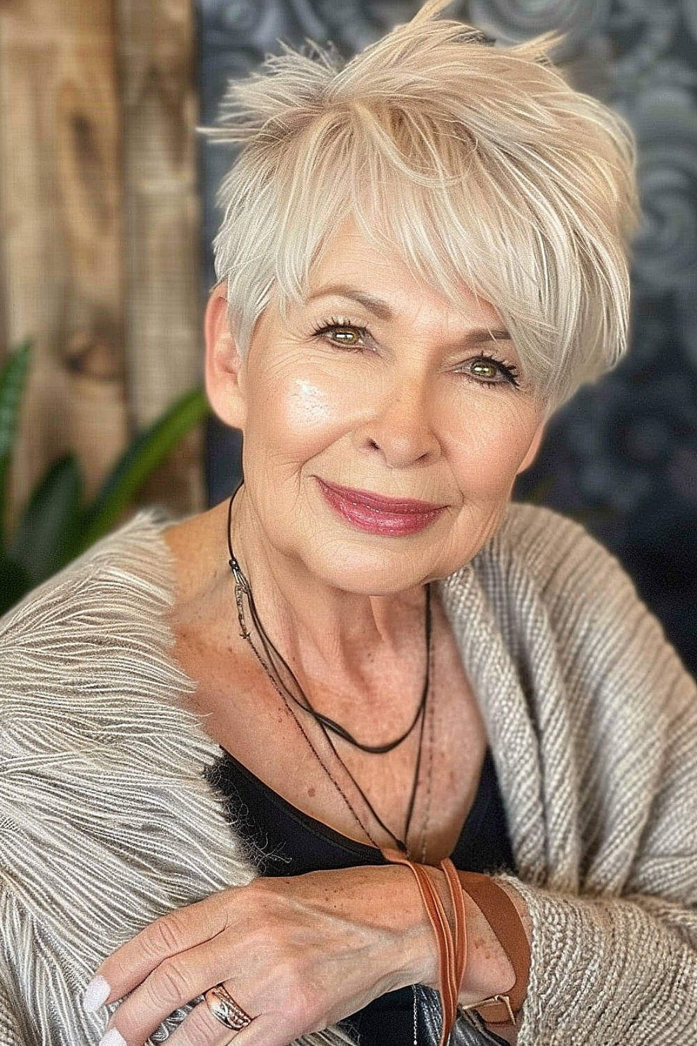 Woman with a textured pixie cut and side-swept front