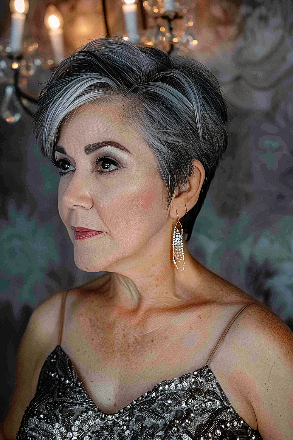 A woman with a textured pixie haircut highlighted with sleek silver streaks, embodying mature glamour