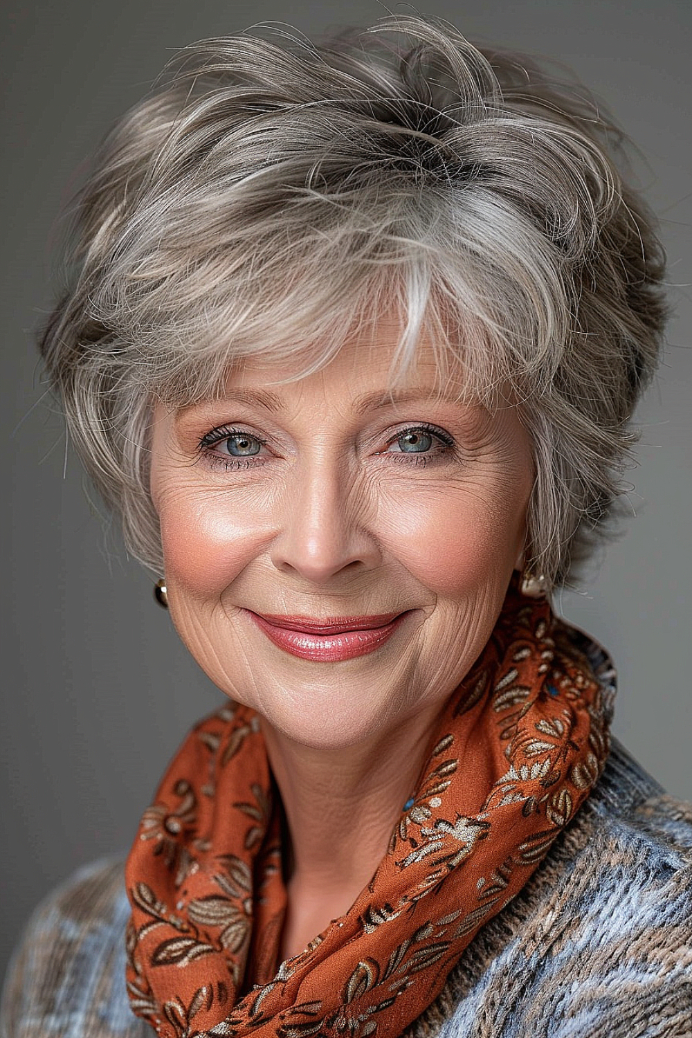 Woman with a silver textured pixie cut featuring lifted layers for added volume