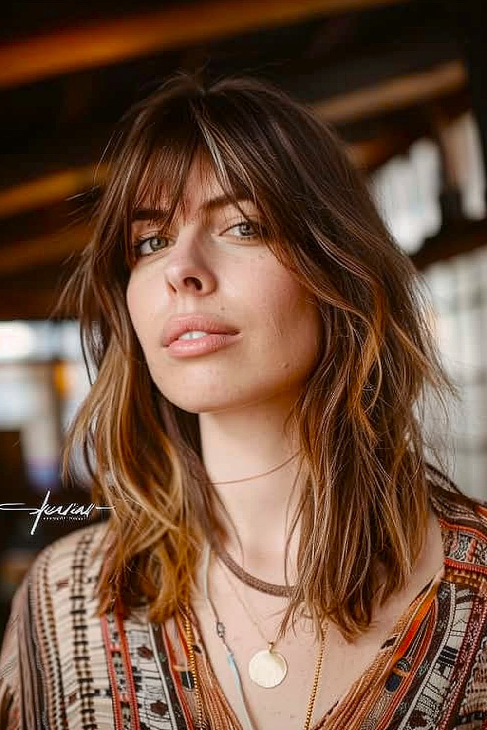 Woman with a textured shag haircut and wispy bangs