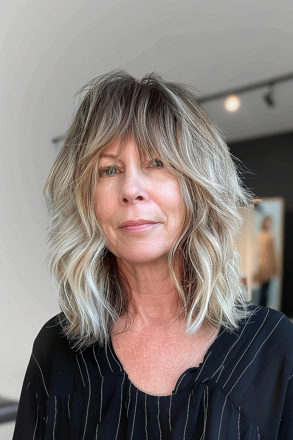 Layered shag haircut with contrasting dark roots and blonde highlights for women over 50