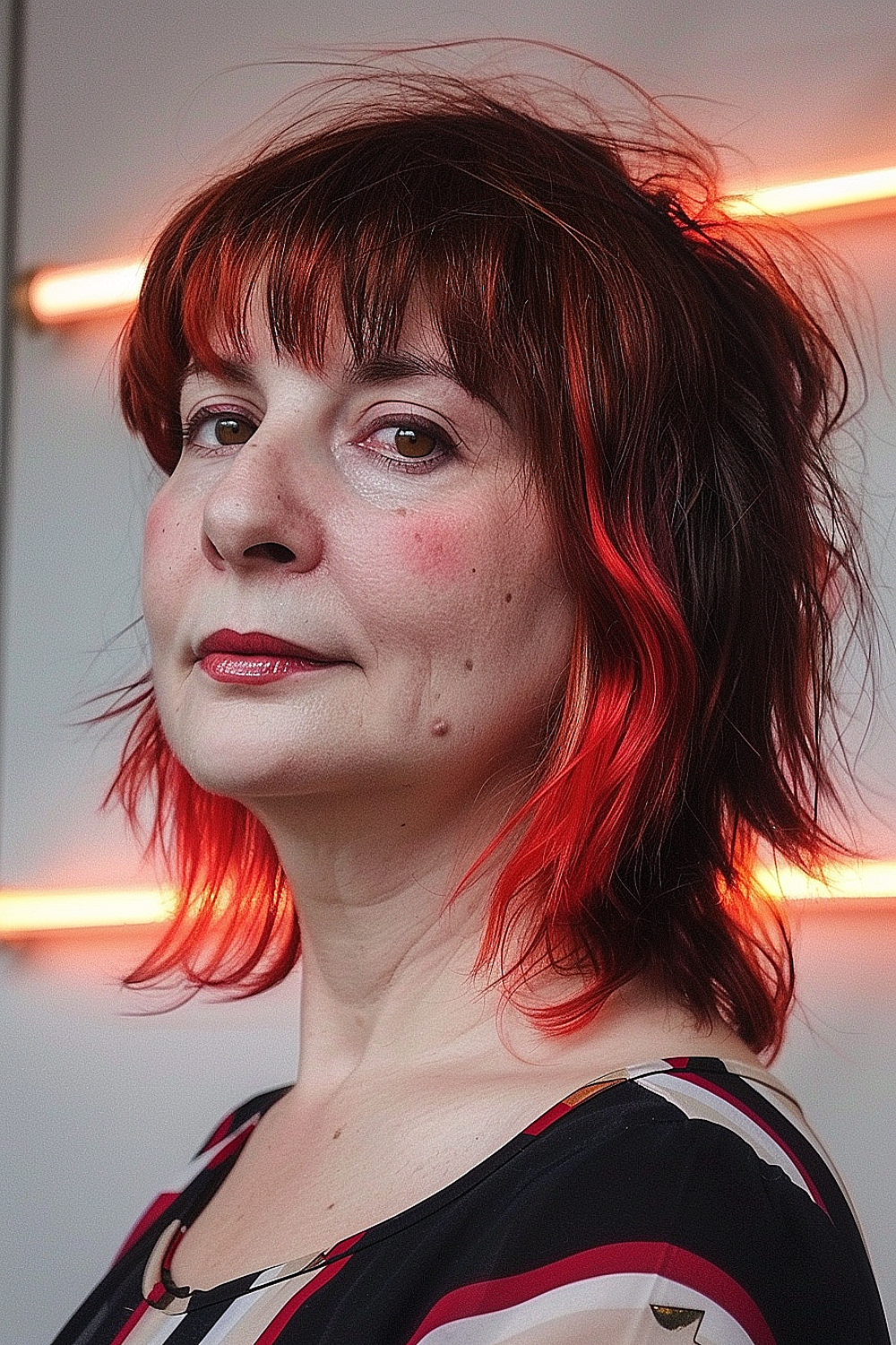 A woman with a textured shag haircut featuring bold red stripes on an auburn base