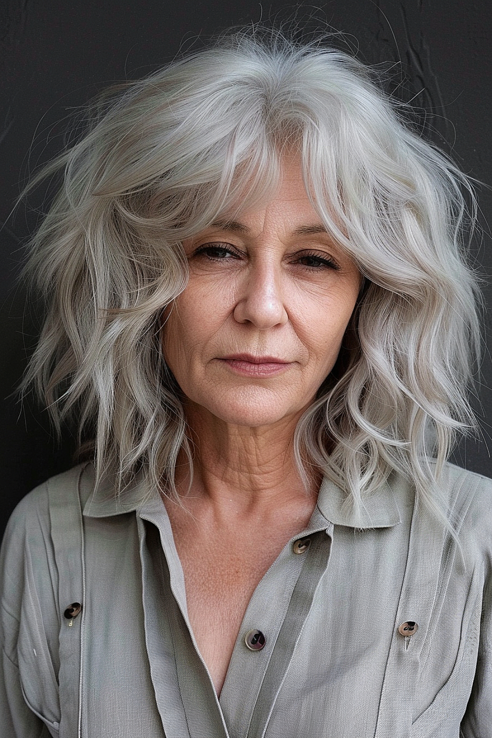 Textured shag haircut with curtain bangs on a mature woman