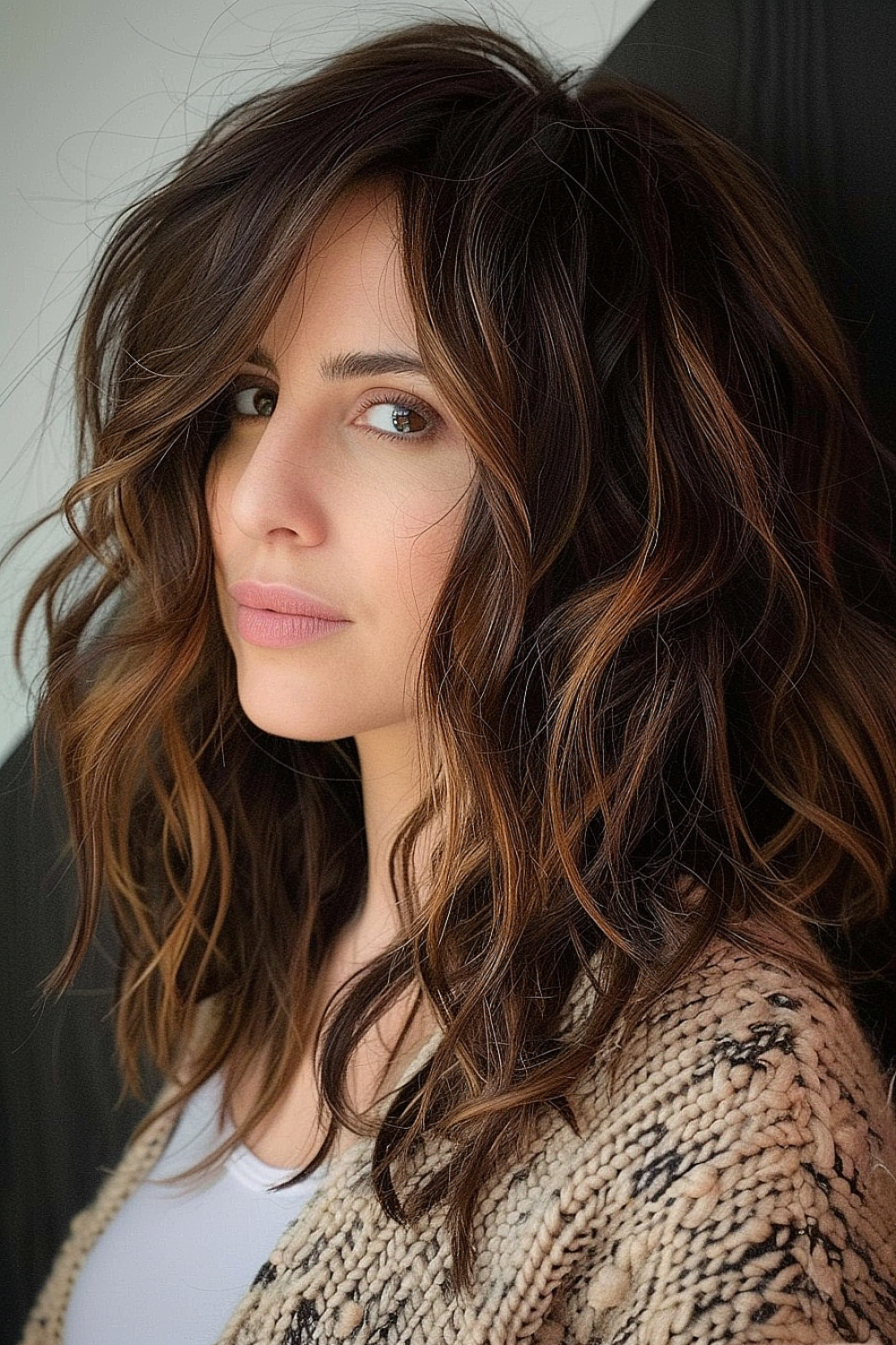 Medium-length textured shag haircut with caramel lowlights and soft, voluminous layers