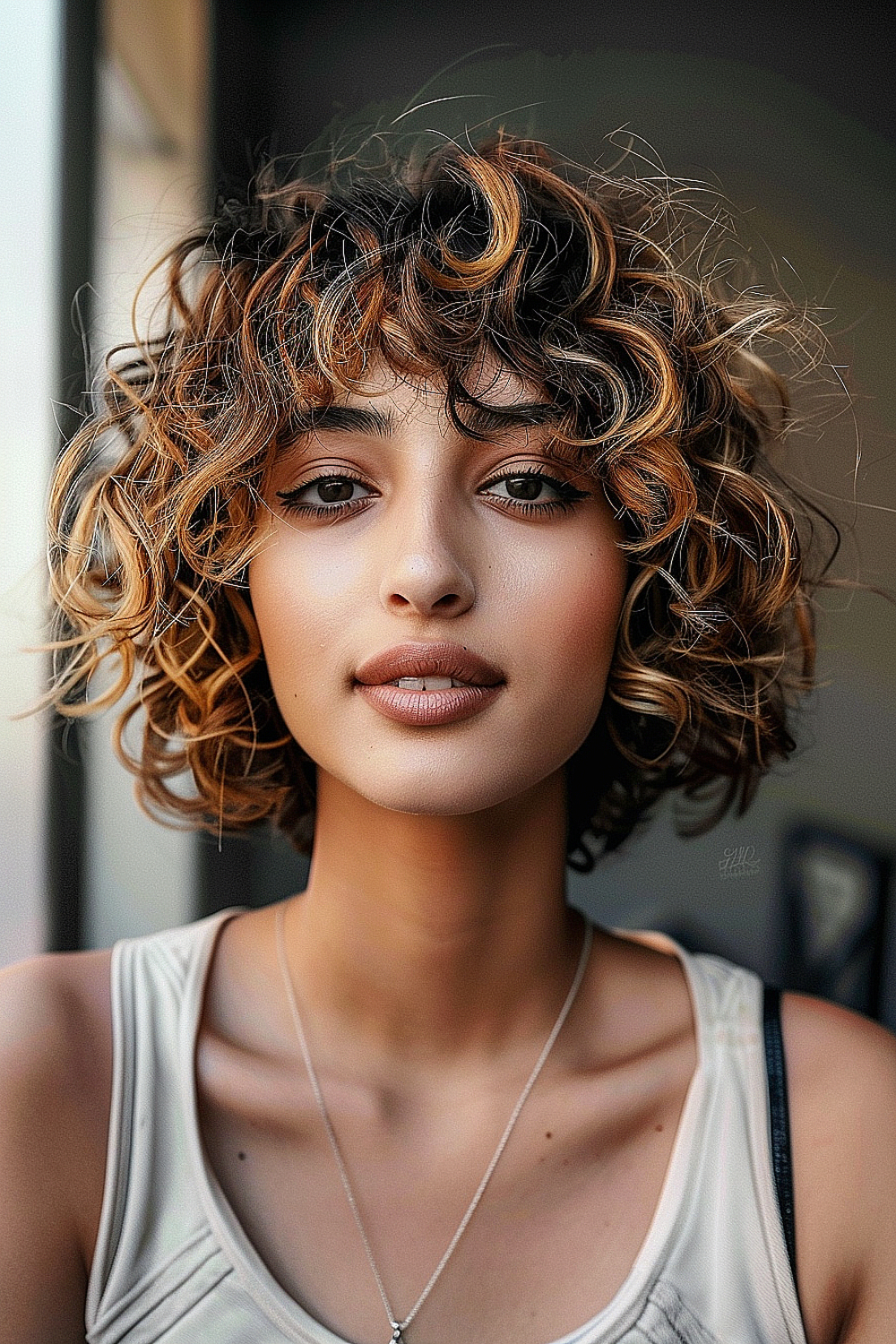 Woman with a textured short curly bob and highlights