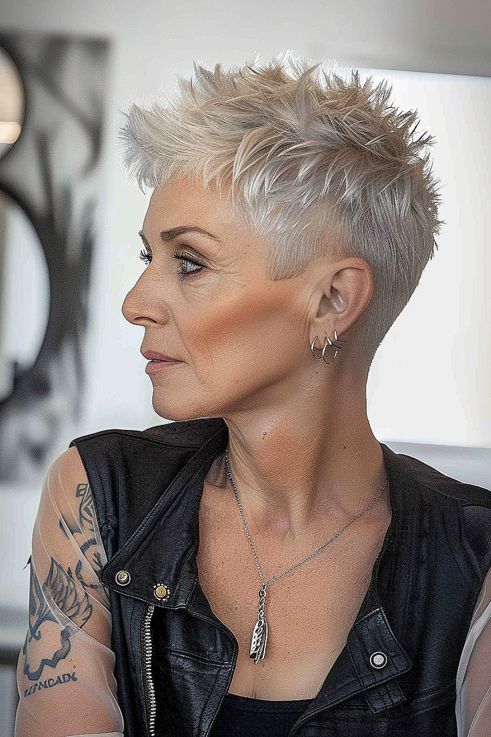 A woman with a textured short cut and an edgy undercut in silver blonde