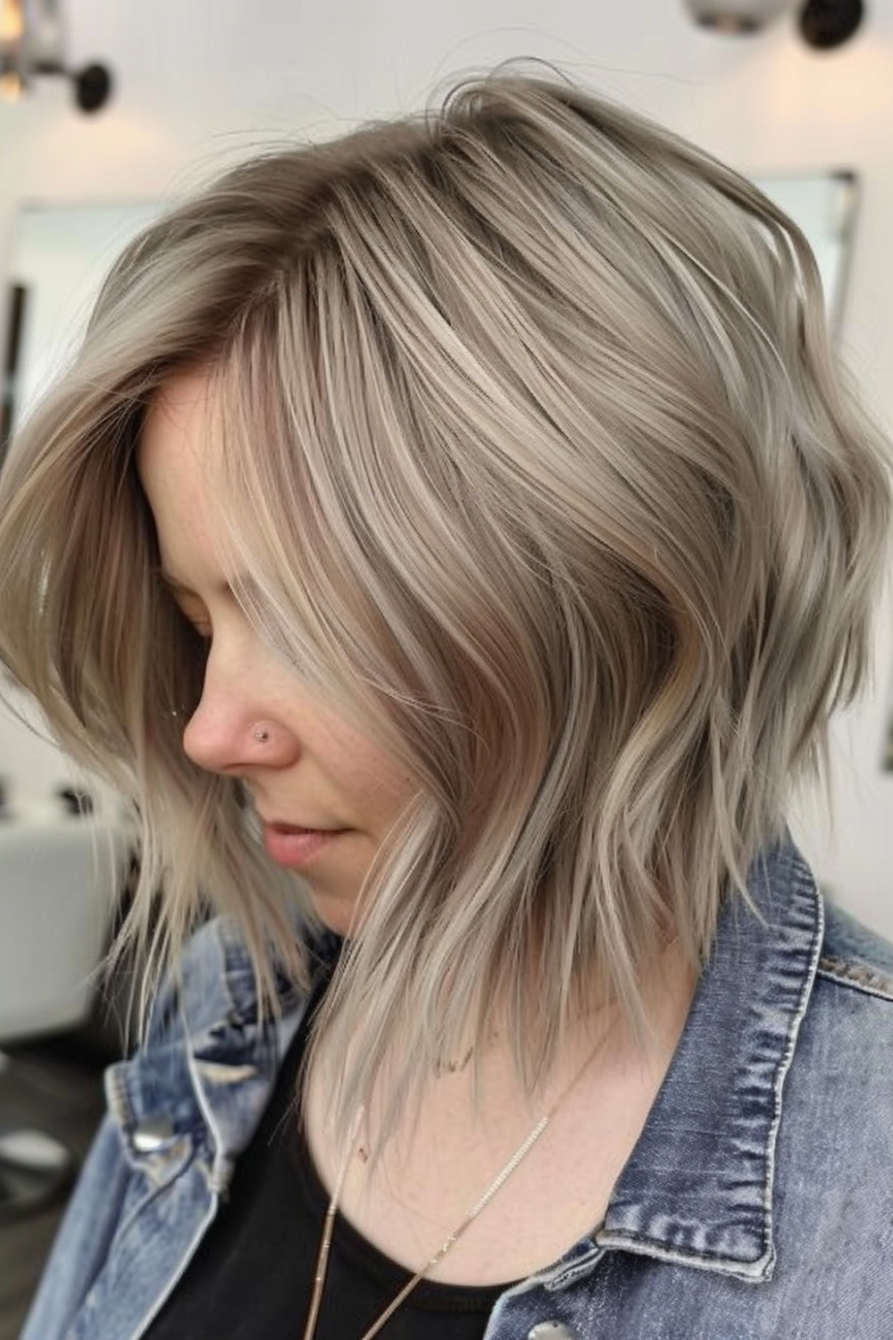 Textured stacked bob with ash gray balayage