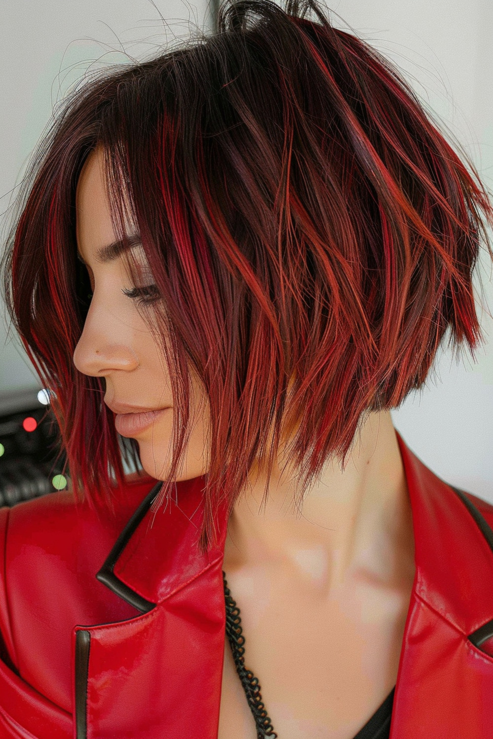 Textured stacked bob with red balayage