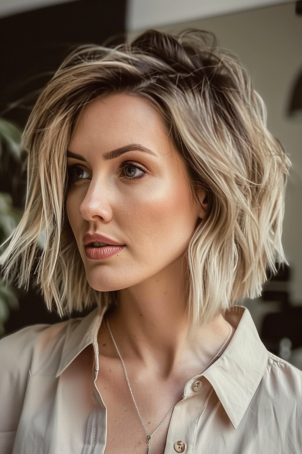 Woman with a textured wavy bob suitable for thick hair