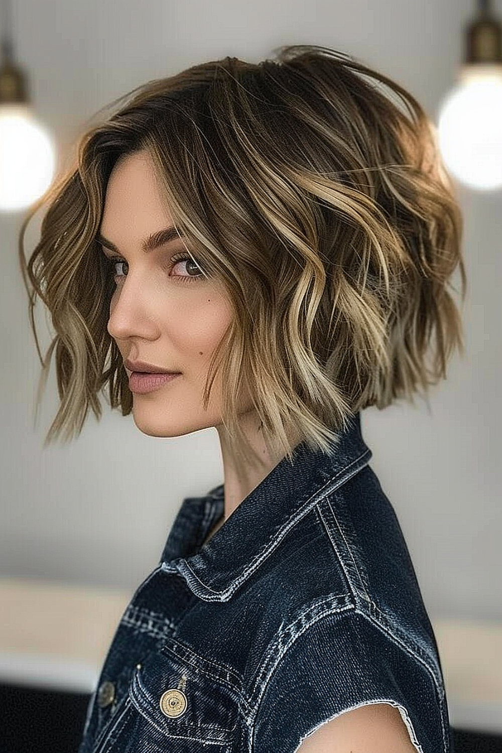 Woman with a textured wavy bob and balayage highlights