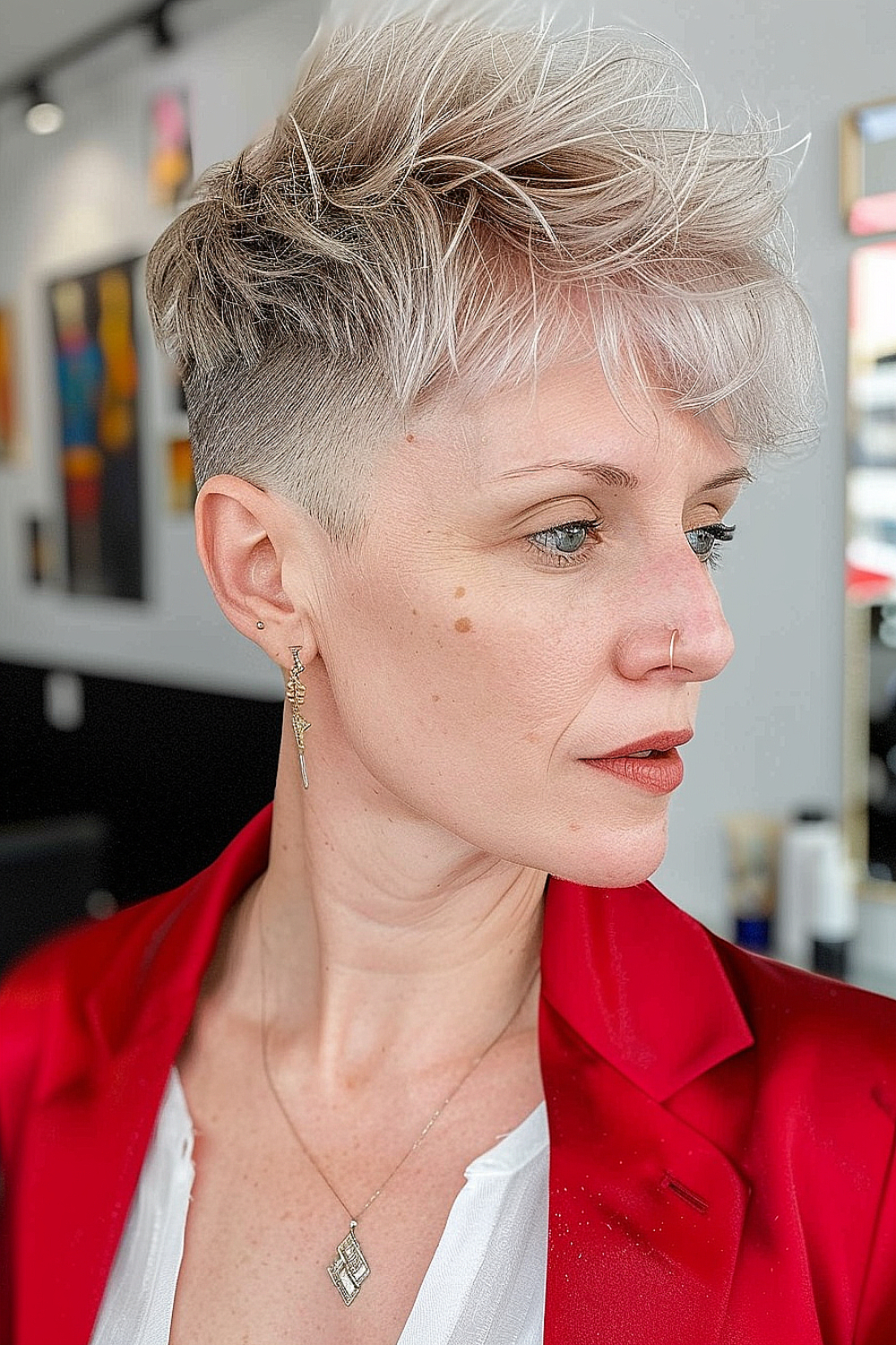 Tousled pixie cut for thin hair with an undercut