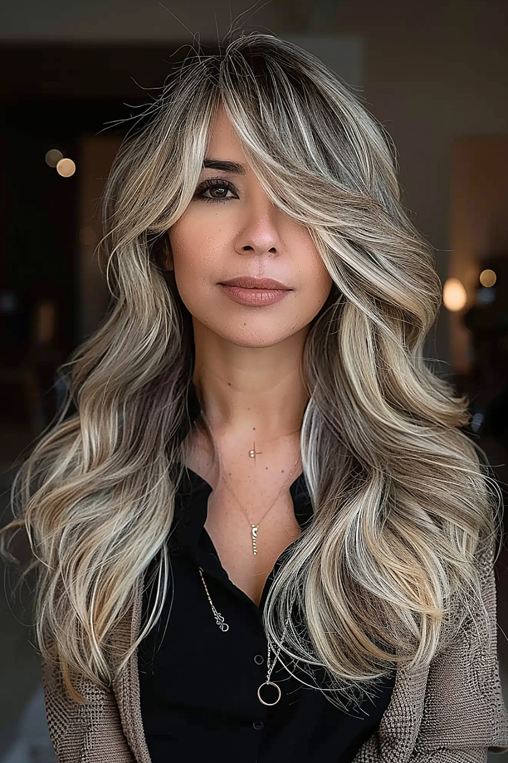 A woman with long ash blonde layered hair and side-swept bangs