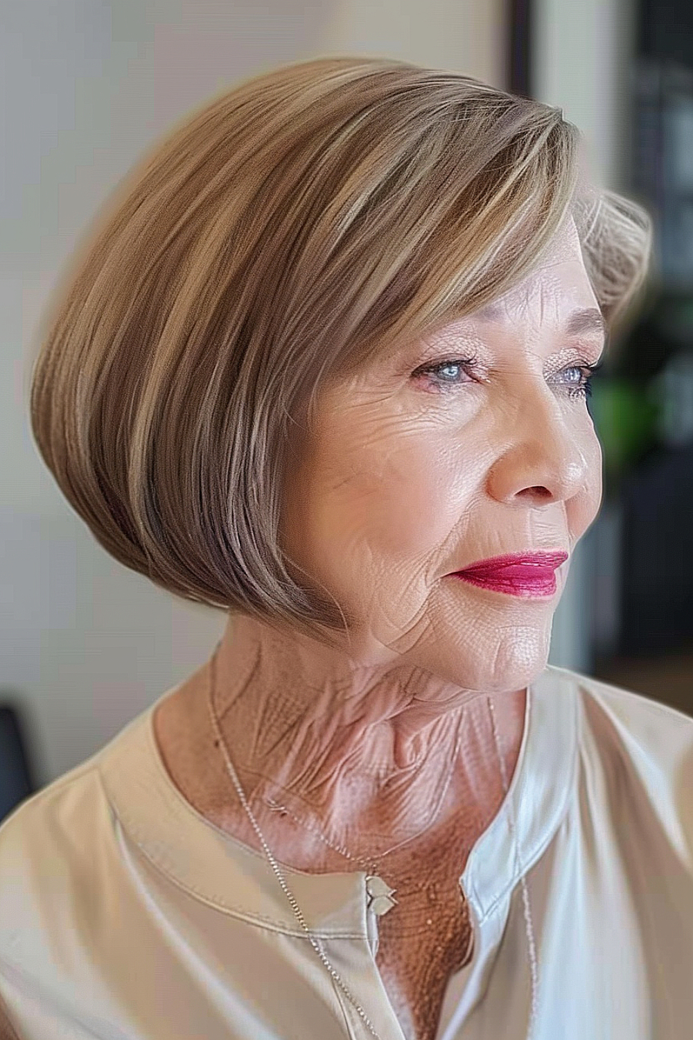 A woman with a timeless short bob in multi-tonal blonde, styled with smooth, flowing lines for a modern flair