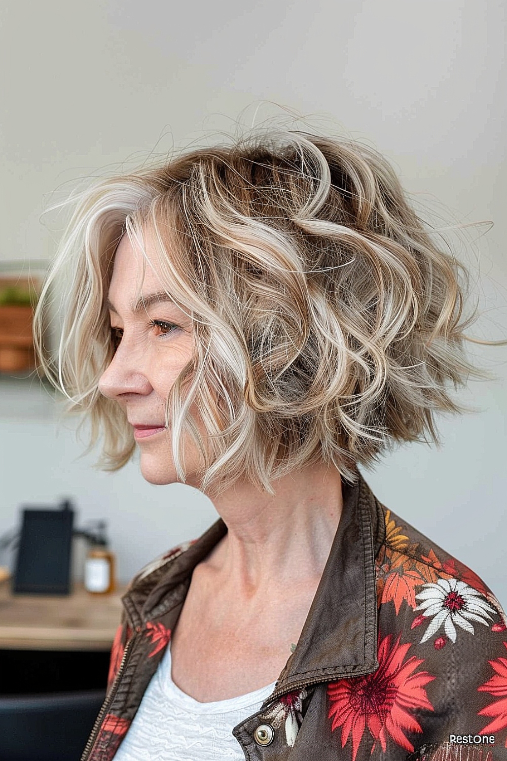 Tousled bob with soft curls and highlights for women over 60