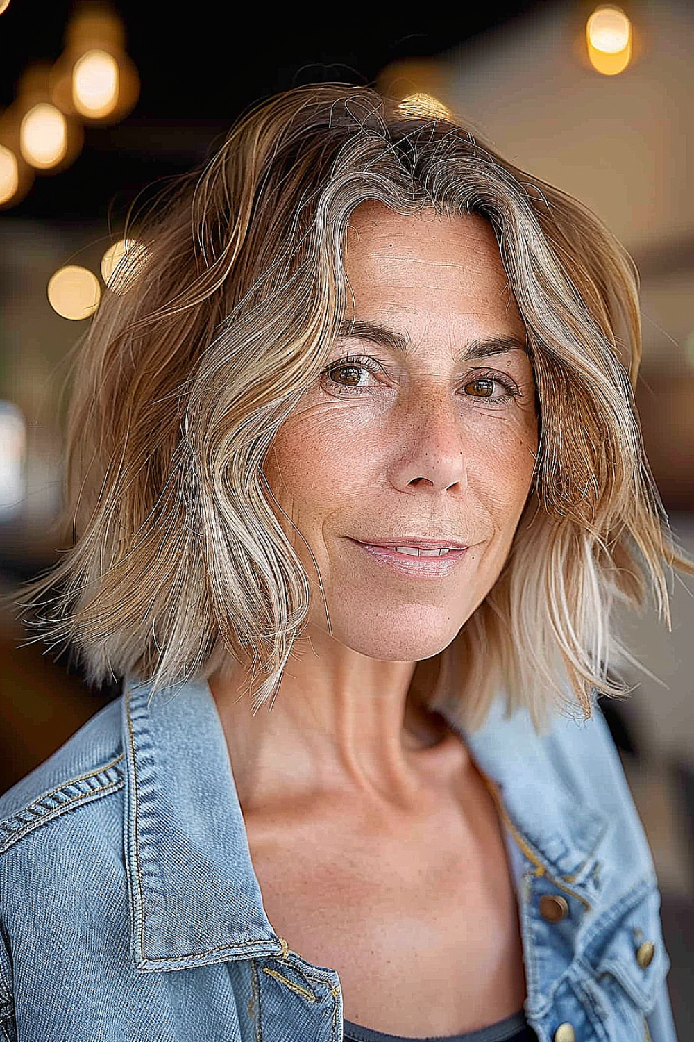 A woman with a tousled bob hairstyle, featuring a balayage blend of natural and light blonde tones