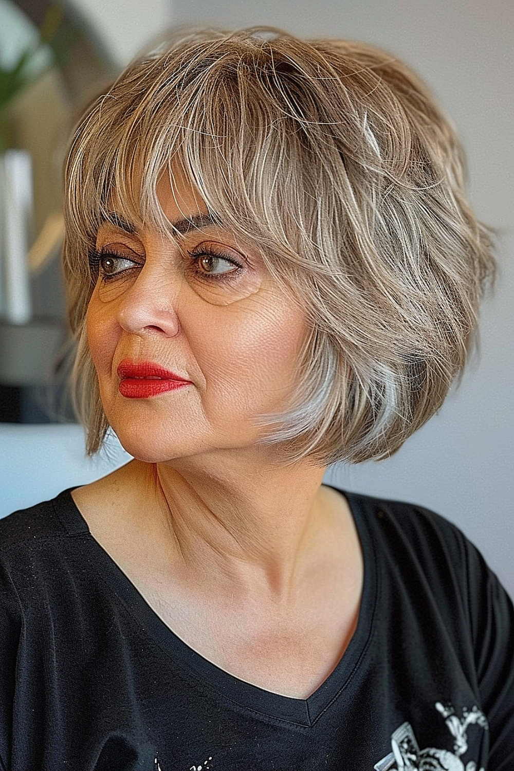 A woman with a tousled bob hairstyle and feathered bangs