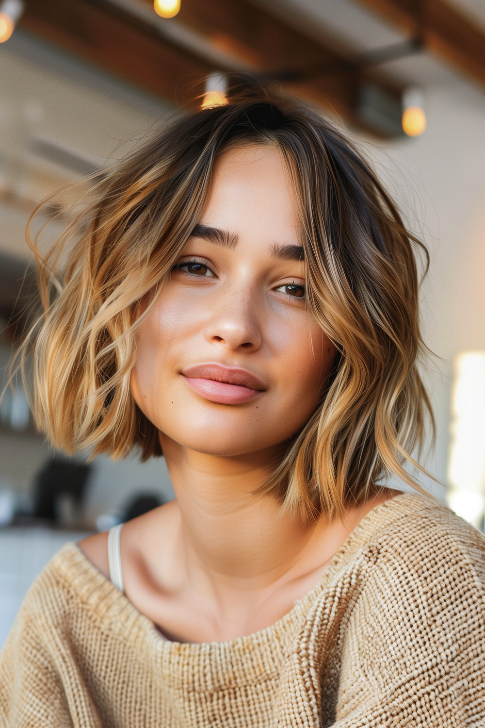 Tousled bob with honey balayage