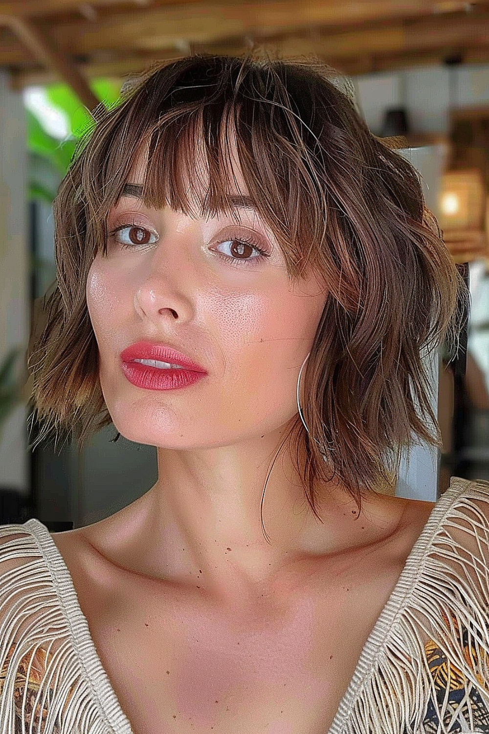 Woman with a tousled bob haircut and jagged bangs, highlighted with subtle balayage