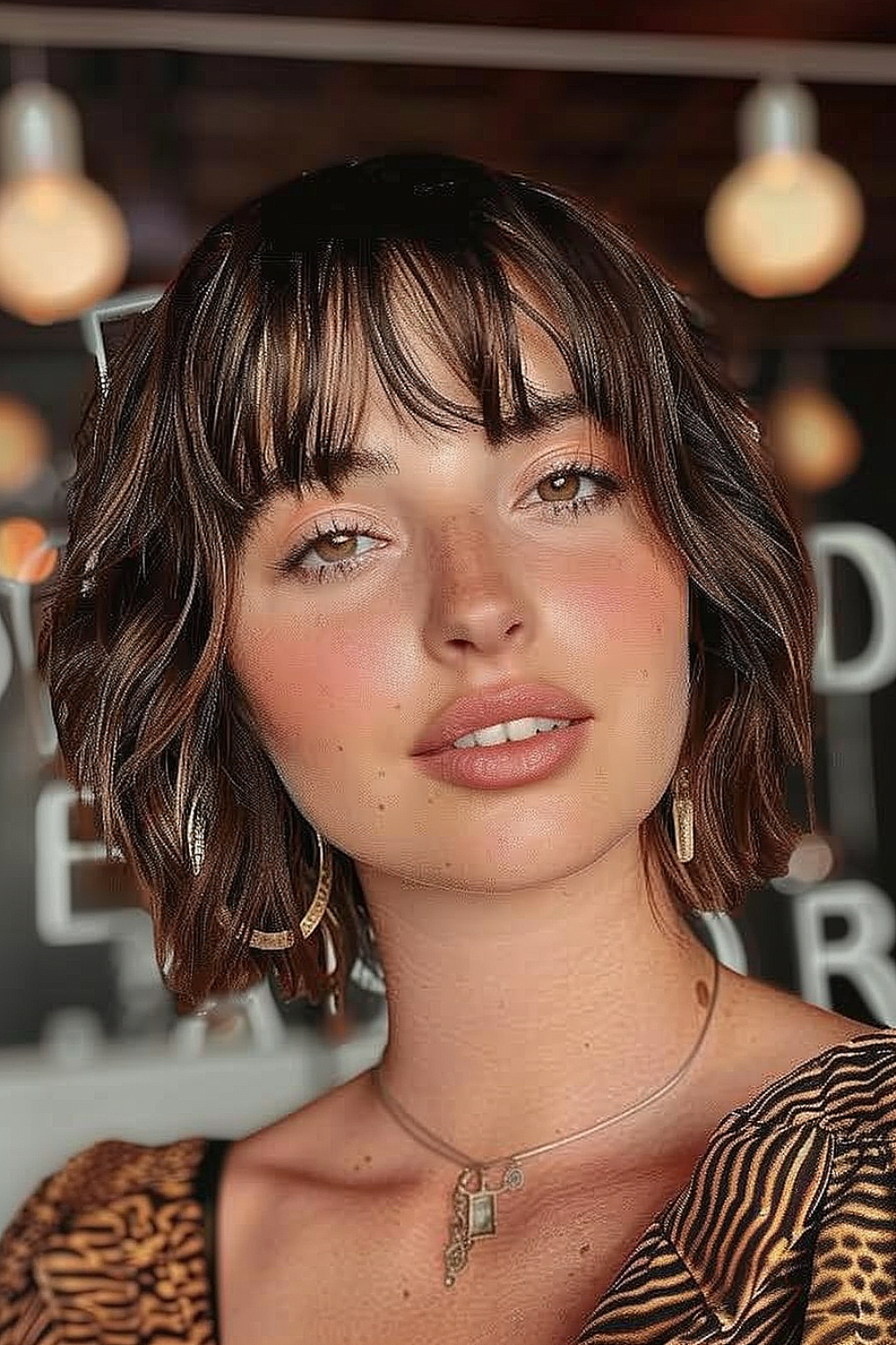 Woman with a tousled bob and peek-a-boo bangs, with rich brunette highlights