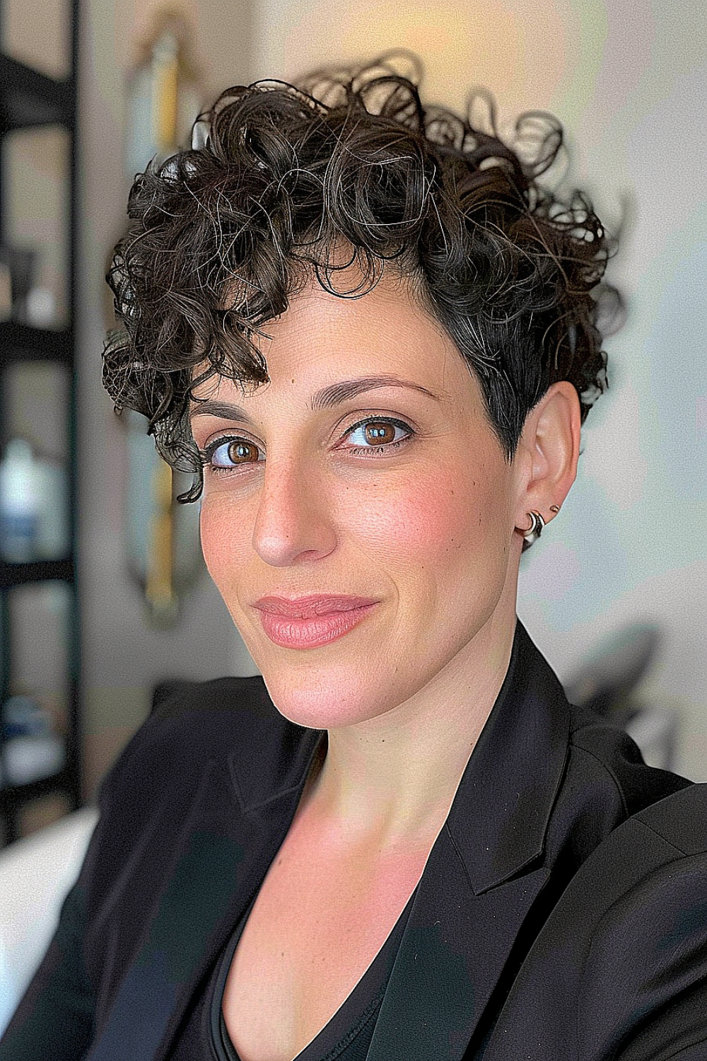 Woman with a tousled curly pixie cut