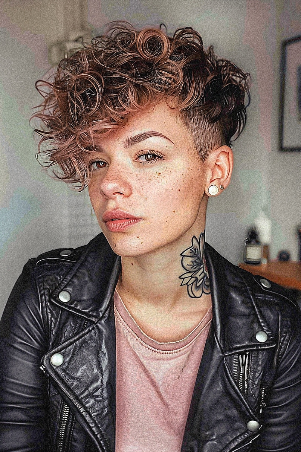 Tousled curly pixie cut with an undercut