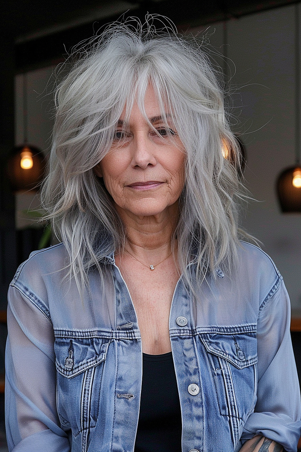 Woman with a casual chic tousled lob in silver for a modern urban look