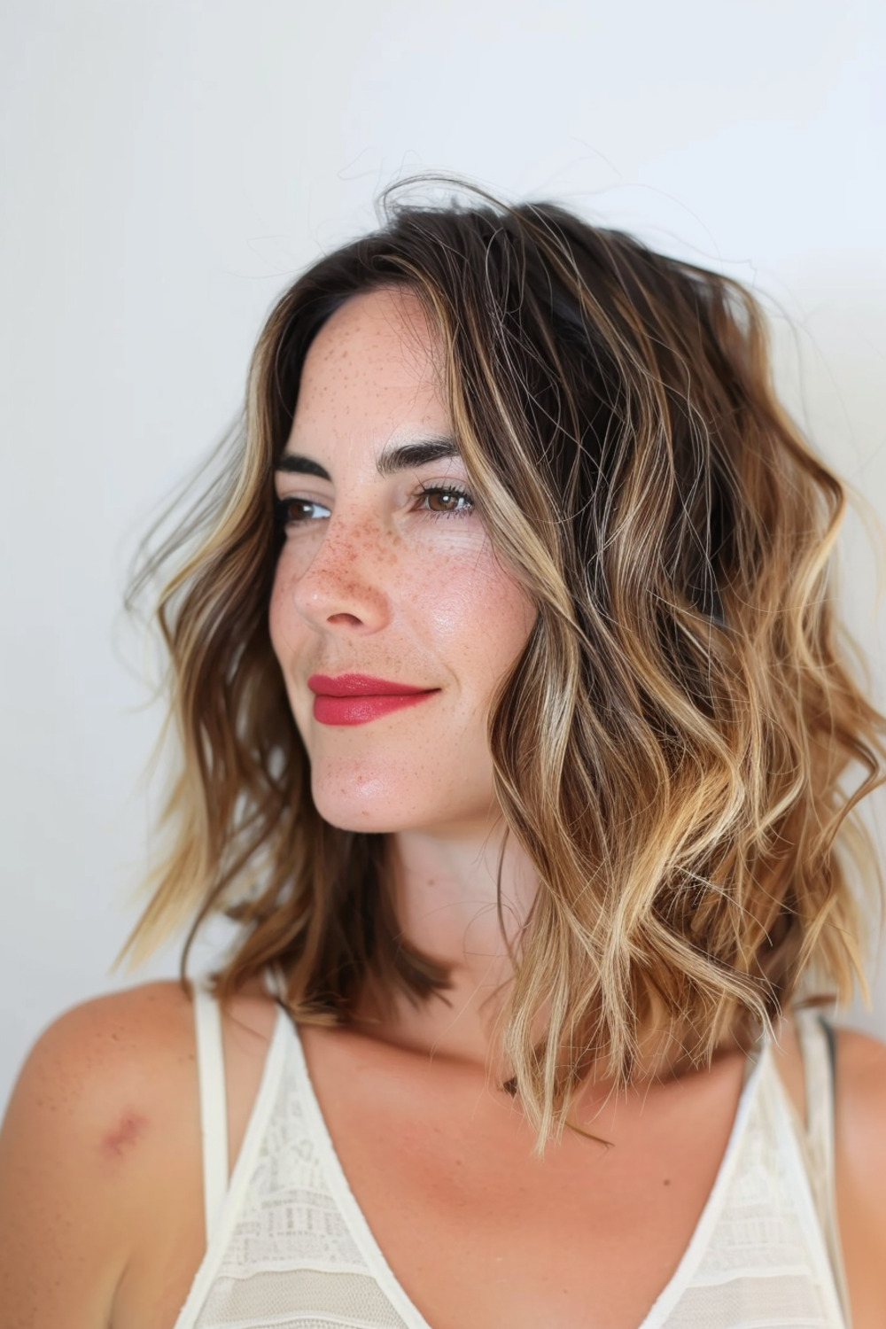 Tousled lob with beach waves for moms