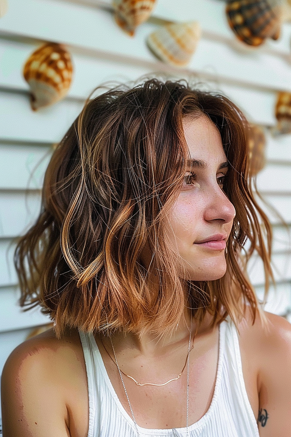 Tousled lob haircut with caramel highlights