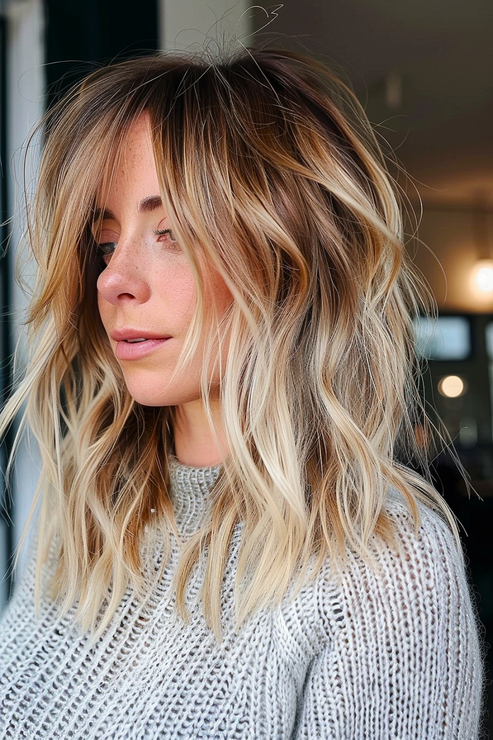 Tousled medium-length shag haircut with face-framing layers and warm blonde balayage