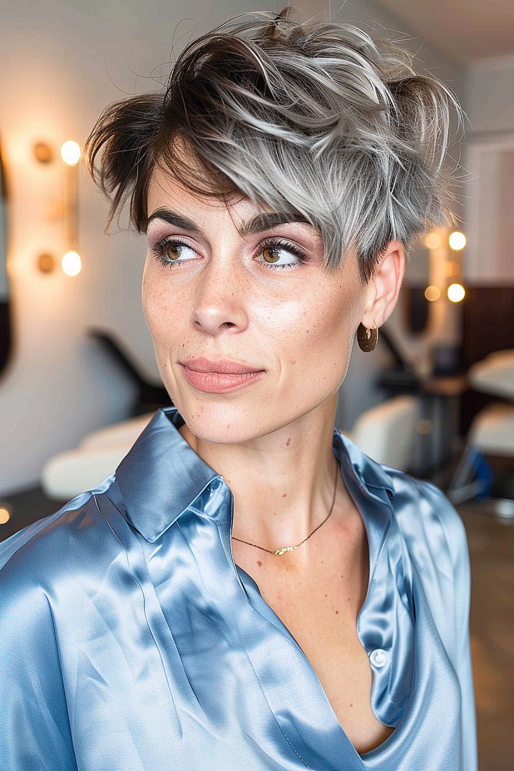 Tousled pixie cut with textured layers and side-swept fringe for women over 40