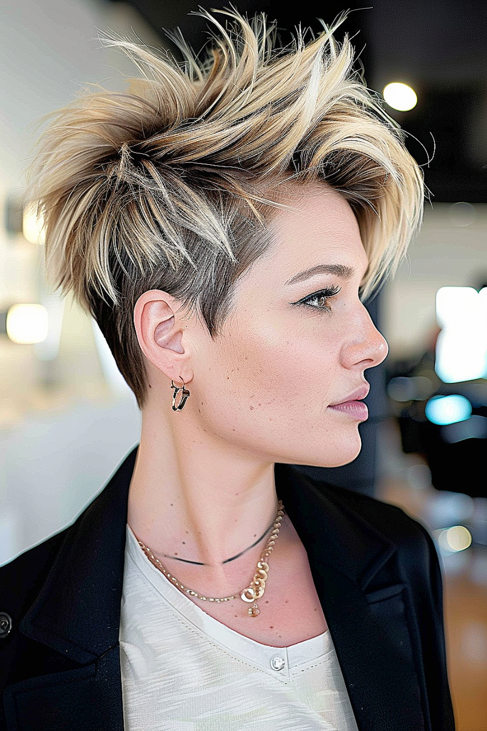 Tousled pixie cut with balayage highlights and textured layers