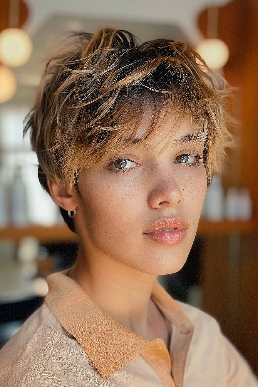 Tousled pixie with airy layers and wispy bangs