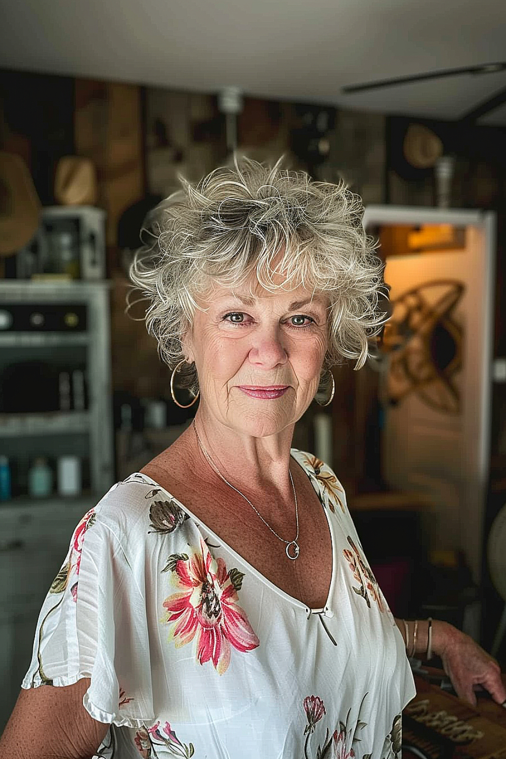 Elderly woman with a tousled pixie haircut featuring beachy waves in natural gray tones