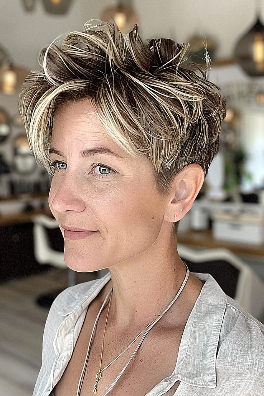 Tousled pixie cut with blonde highlights on a woman over 40.