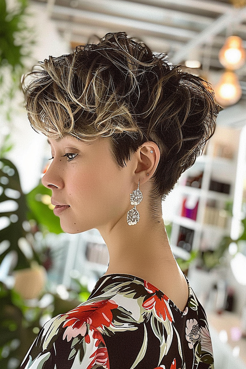 Tousled pixie cut with textured layers and highlights